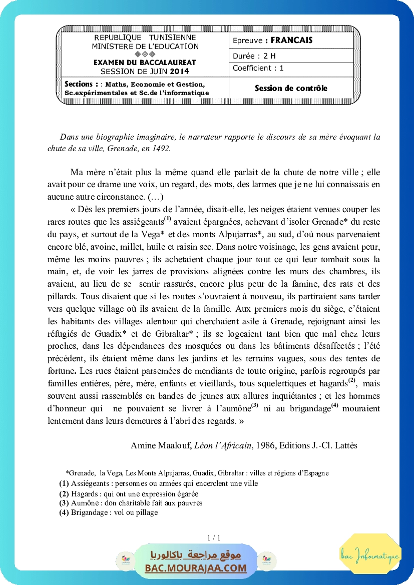 Sujet controle francais Bac 2014 – Section info